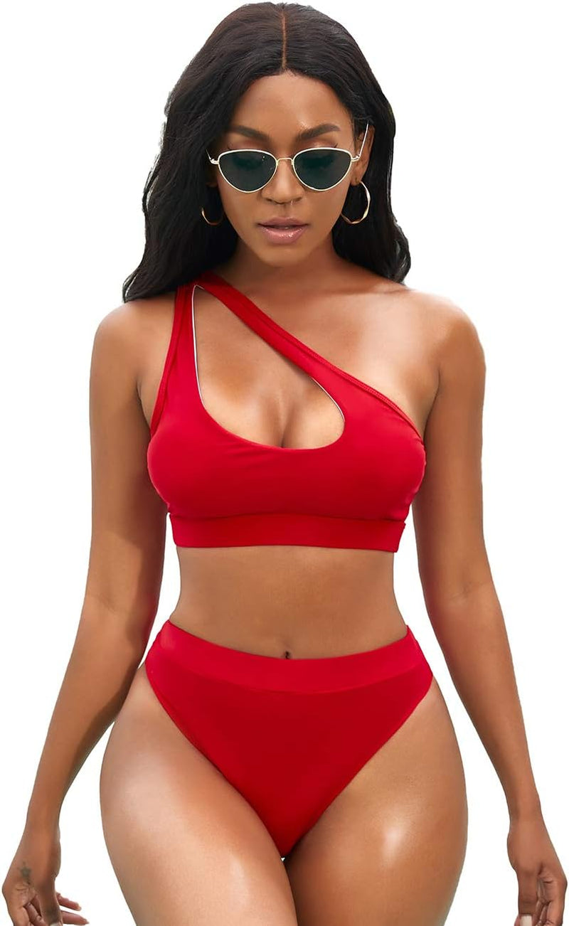 One Shoulder Cutout Bikini Set for Women High Waisted Bottom Swimsuit Two Piece Bathing Suit